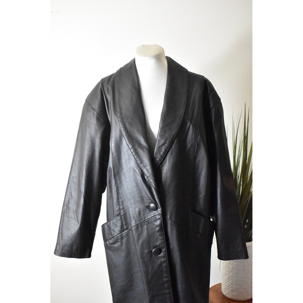 Comint Leather Trench Coat Womens Petite M Black 80s Shawl Collar Long Jacket - Picture 2 of 10